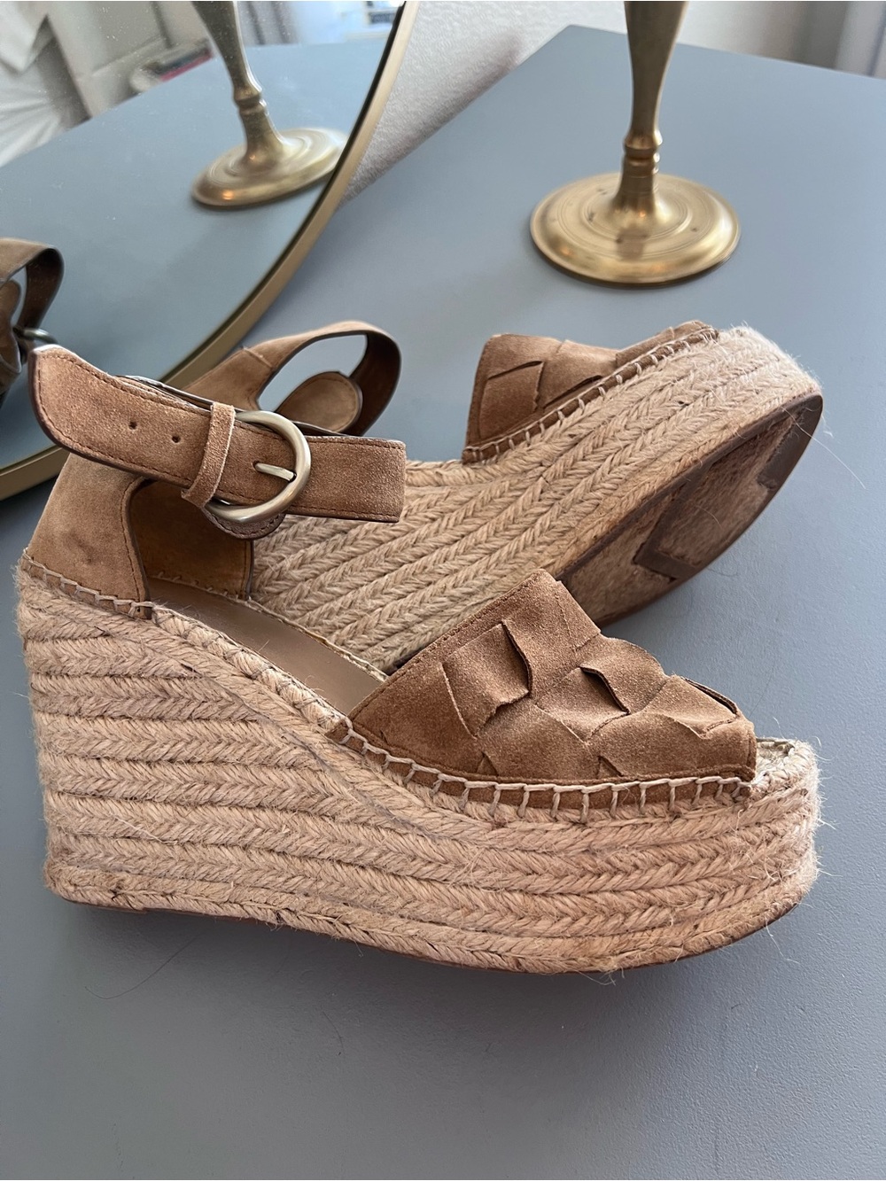 Marc Fisher Suede Espadrille Wedge Sandals in Taupe